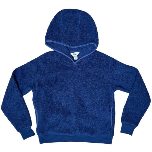 Athleta Girl So Snug Sherpa Hoodie L 12 Pullover Sweatshirt Hooded Navy Blue - Picture 1 of 7