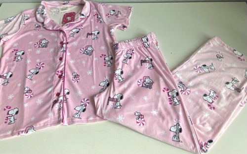 Munki Munki Peanuts Snoopy Terciopelo PJ Set Navidad Bastón de Caramelo Rosa Para Mujer Talla XL - Imagen 2 de 12