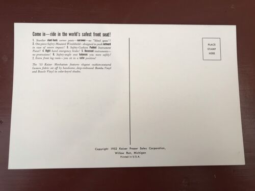 Unused 1953 Kaiser Postcard "Sit in the world's safest - Picture 2 of 2