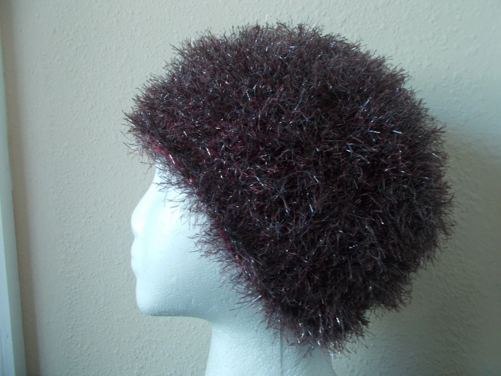 Hand knitted warm & fuzzy beanie/hat, sparkly brown