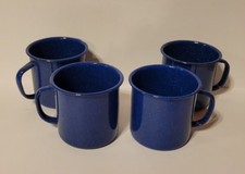 Set of 4 Vintage Blue White Speckled Enamelware Metal Coffee Camping Mugs