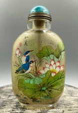 3.6" Old China Glass Inner Painting Lotus Flower Bird Words Pattern Snuff Bottle