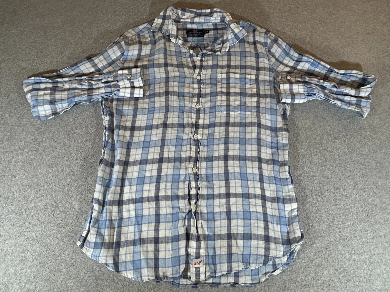 Vineyard Vines Shirt Mens Medium Blue Plaid Linen Button Long Sleeve Murray