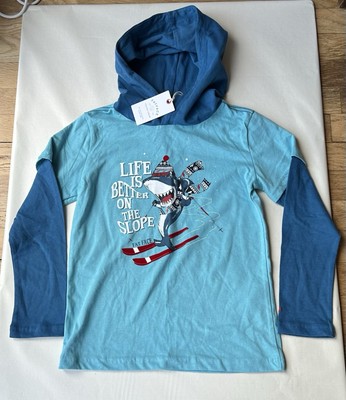 Fatface Jungen Kapuzen Sking Hai Grafik T-Shirt Alter 7-8 Jahre *Neu mit Etikett*