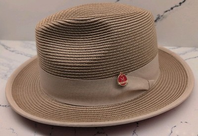 Montique Tan Wide Brim Red Bottom Braided Pinch Fedora Hat Size XL 7 1/2 H76 NWT