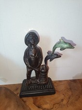 Antica Scultura Bronzo Bambino Pescatore Delfini Pescatorello Firmata Gordillo