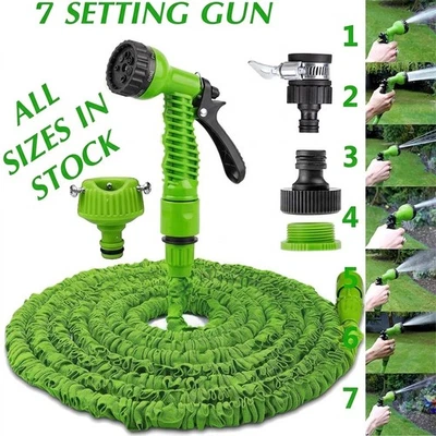 Expandable Garden Hose Pipe 25-100ft Anti Kink 7 Function Water Spray Gun - Image 1 of 4