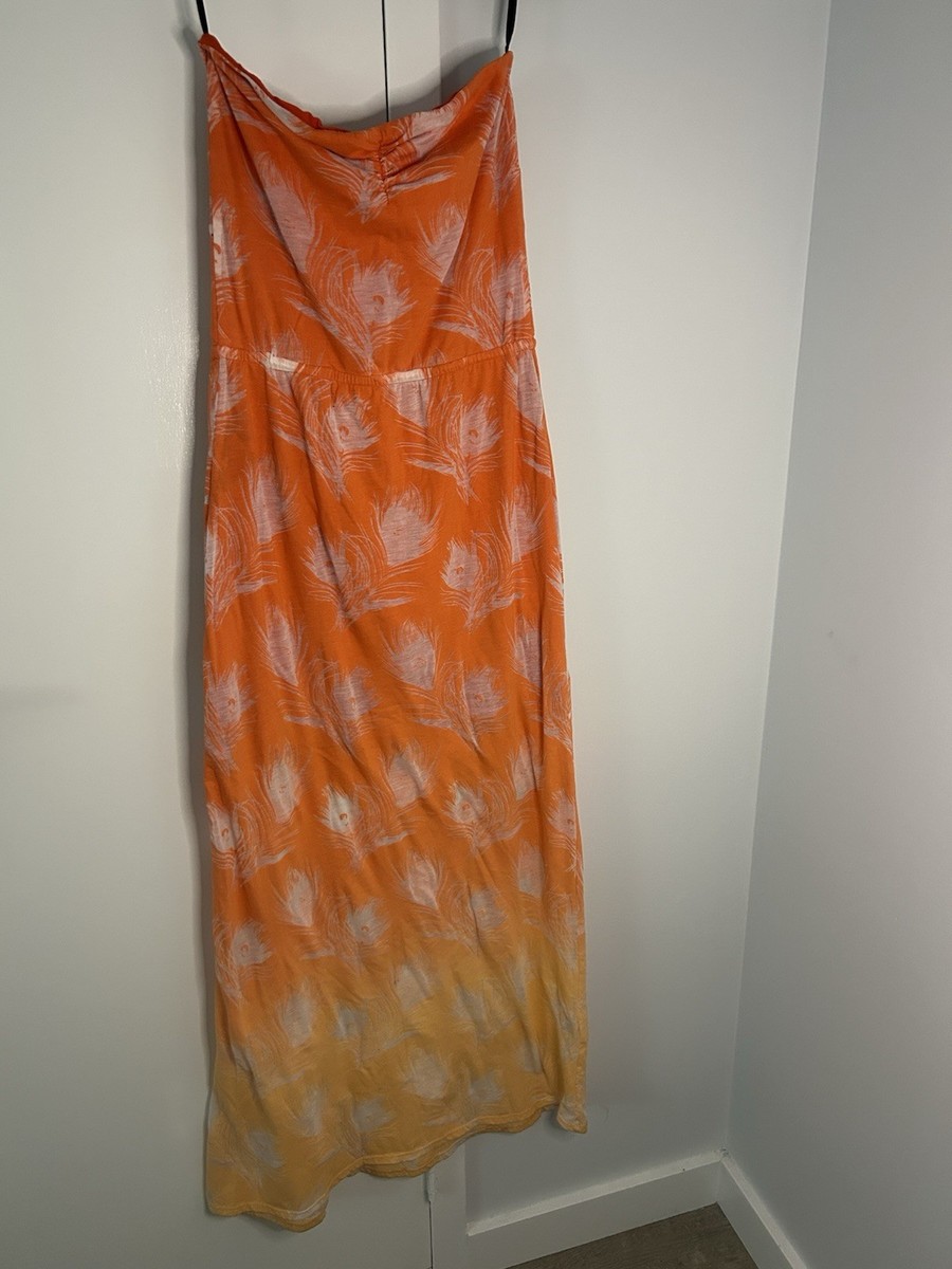 bebe orange maxi dress bebe Orange Feather Print Ruched Strapless Maxi Dress Sweetheart Sleeveless