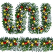 9FT Pre-Lit Christmas Garland with 30 LED Lights Pine Cones Red Berries Decor