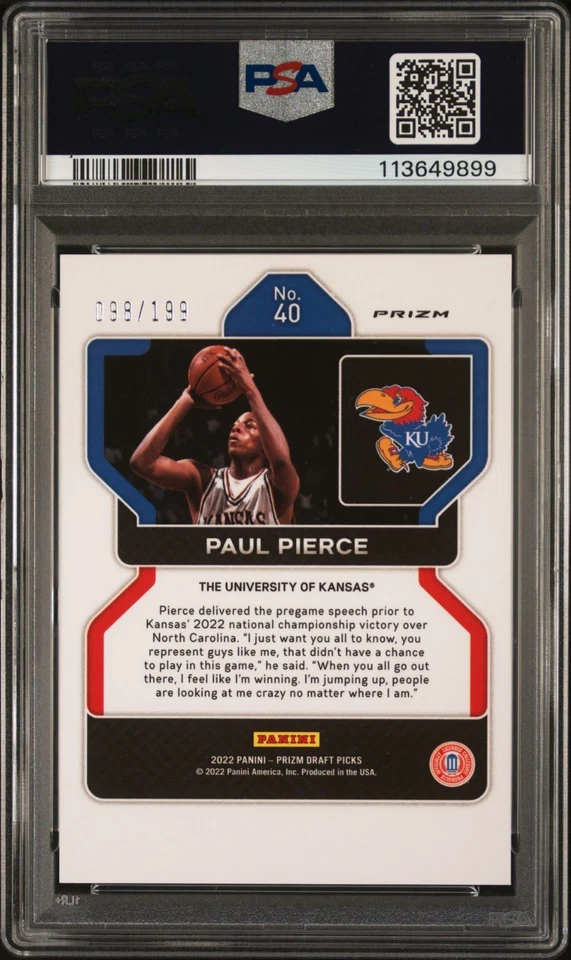 Tarjeta firmada Paul Pierce 2022 Panini Prizm azul #40 graduada PSA 9 automática 10 99/199 Foto 2 de 2