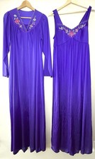 Vintage Shadowline Purple S Silky Nylon Peignoir Robe  Gown Set Embroidered EUC