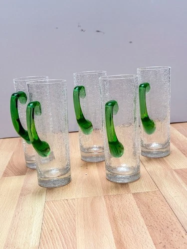 Vintage Set of 6 Crackle Glass Mugs with Emerald Green Handles
