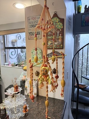 vintage macrame baby wall hanging or mobile Baby Decor W Vintage Wood Blocks