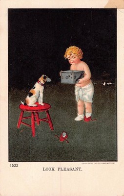 Toddler in Diaper with Camera Taking Picture of Jack Russell Terrier-Old PC-1522
