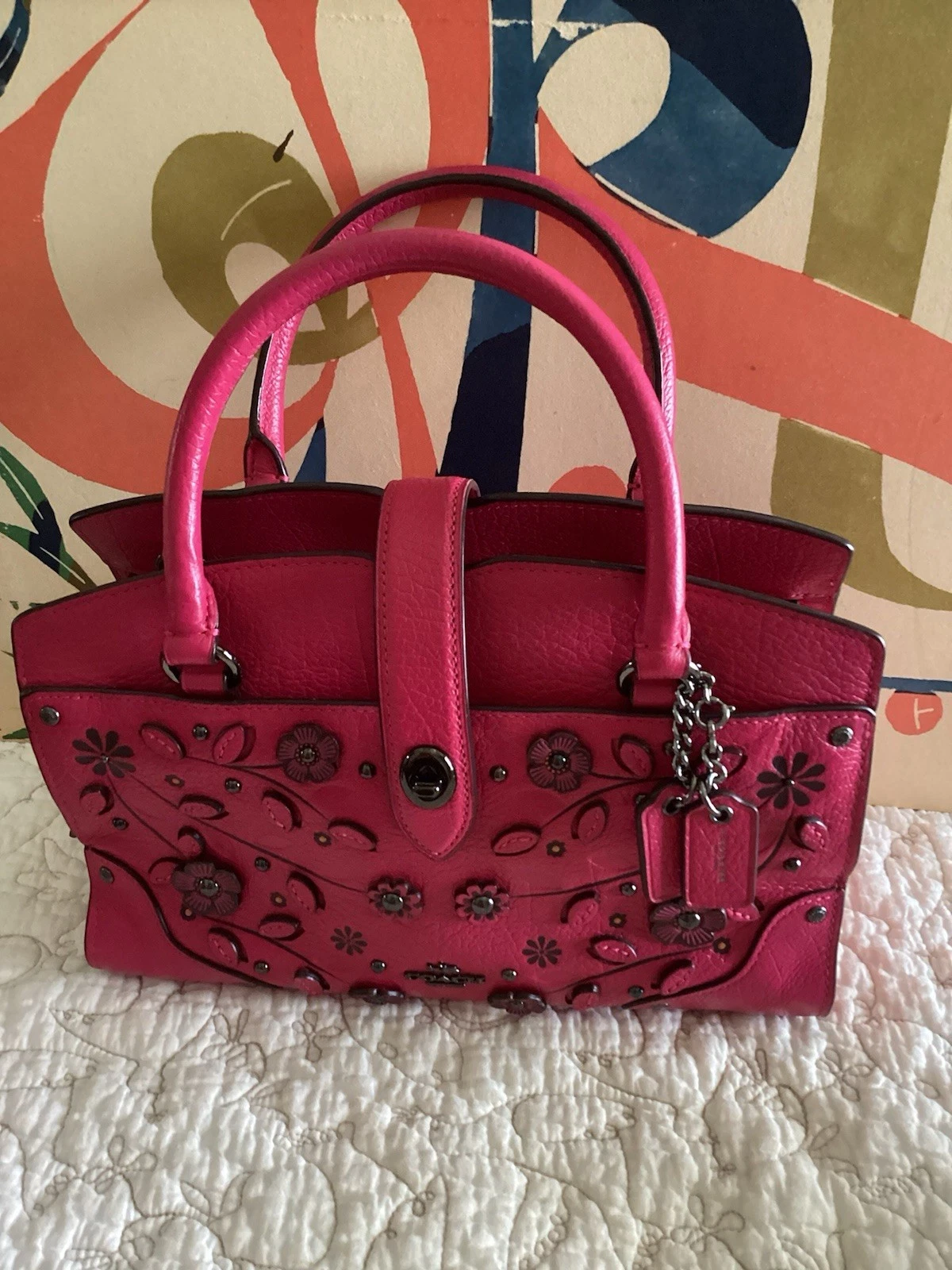 Borsa Coach rosa salice tè rosa floreale 3 scomparti borsa in pelle con tracolla