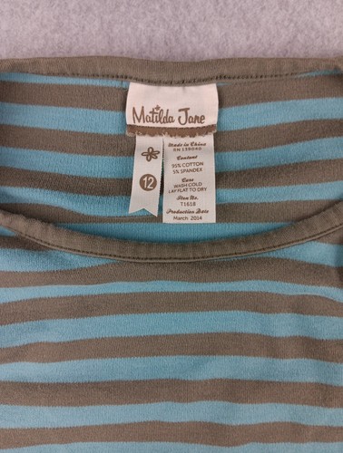 Matilda Jane Girls Blue Brown Lichen Striped Long Sleeve Shirt Top 12 EUC - Picture 2 of 8