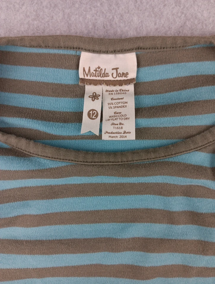 Matilda Jane Girls Blue Brown Lichen Striped Long Sleeve Shirt Top 12 EUC - Image 2 of 4