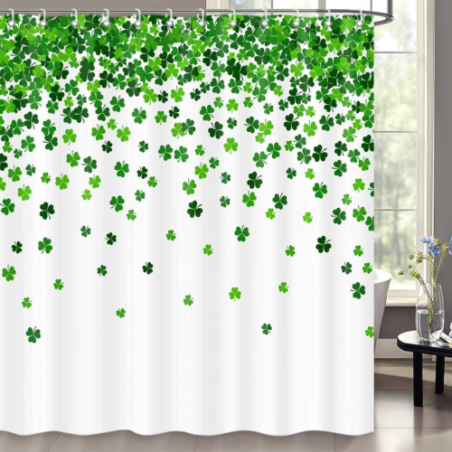 St. Patrick'S Day Shower Curtain, Green Clover Shamrock Leaf Decor Fabric Shower