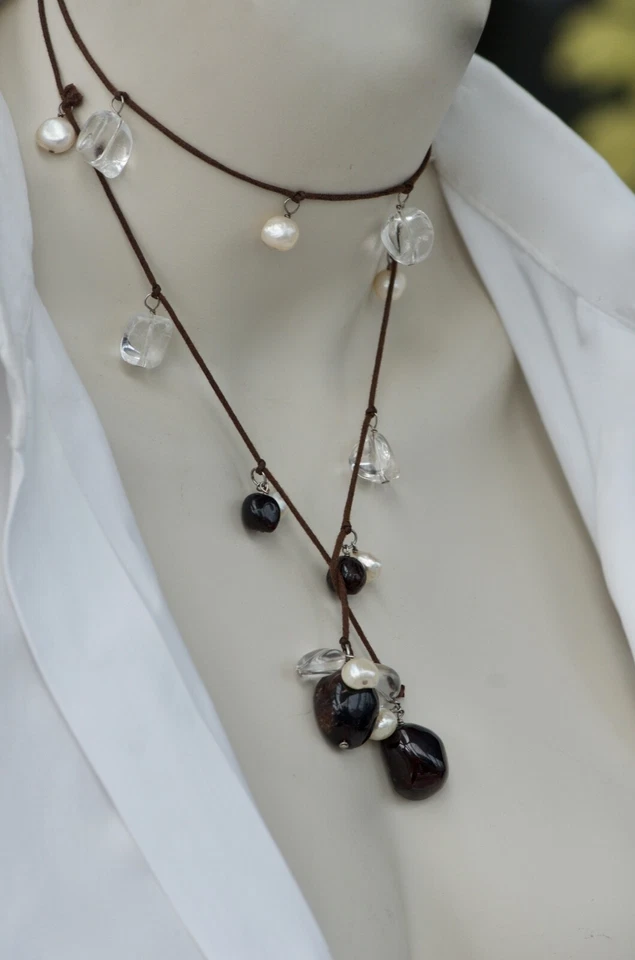 Collier Halskette Choker | Silber Halbedelsteine | Granat | echte Perlen | Seide - Bild 2 von 4