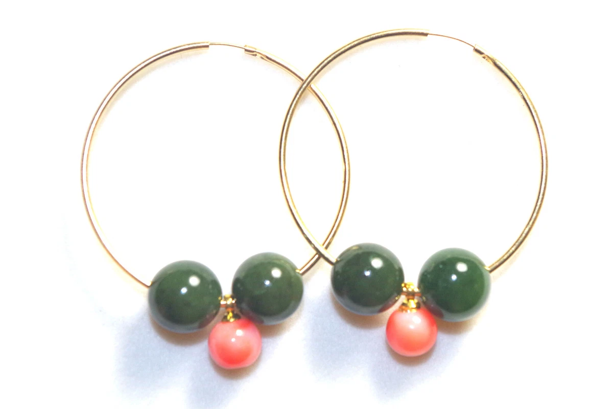 14K GF Perfect Hoop W Angel Skin Ball Coral Green Jade Earrings