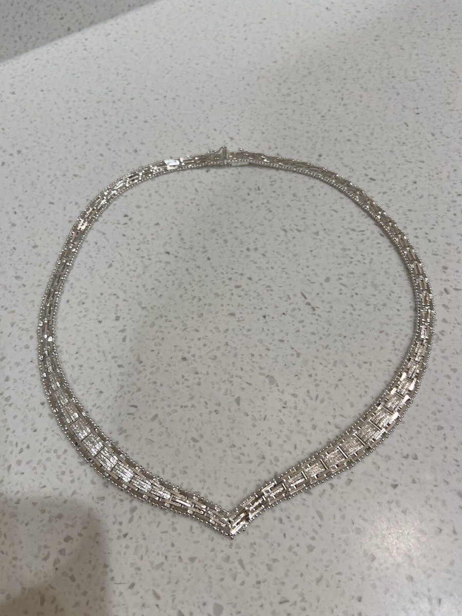 Sterling Silver 925 Italy Woven Diamond V Cut Graduated Choker Necklace 16