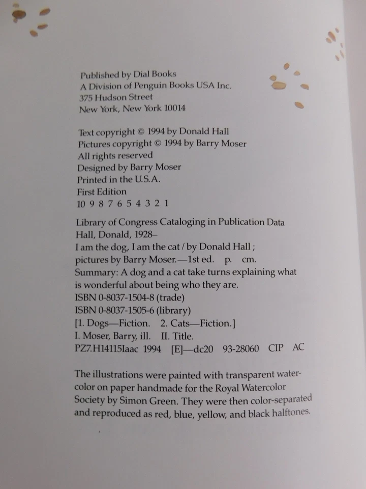 I Am the Dog, I Am the Cat, SIGNED By Donald Hall & Barry Moser 1994 1st Edition - Image 3 of 4
