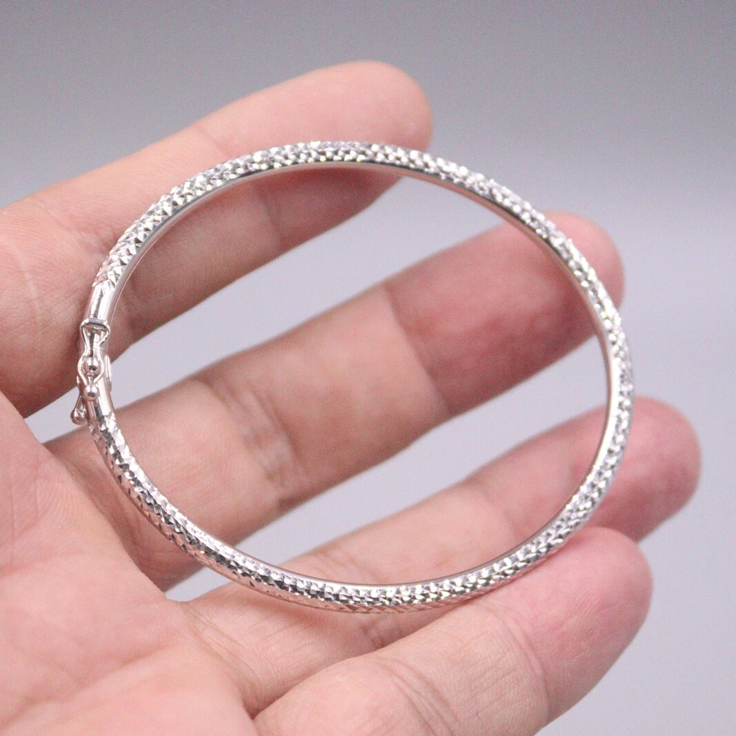 Pure 18K White Gold Bangle For Women Diamond-facet Surface Fit Wrist  4.5-6.7inch