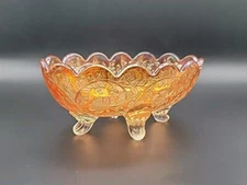 Vtg Jeanette Floral Amber Iridescent Carnival Glass Small Candy Dish Sugar Bowl
