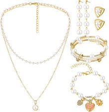 Pearl Rhinestone Jewelry Set for Women Pearl Necklace Bracelet Earrings