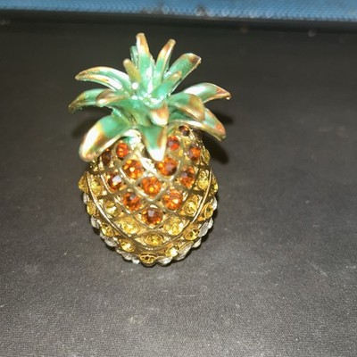 Bejeweled Gold Pineapple Hinged Metal Enameled Crystal Trinket Box 1A