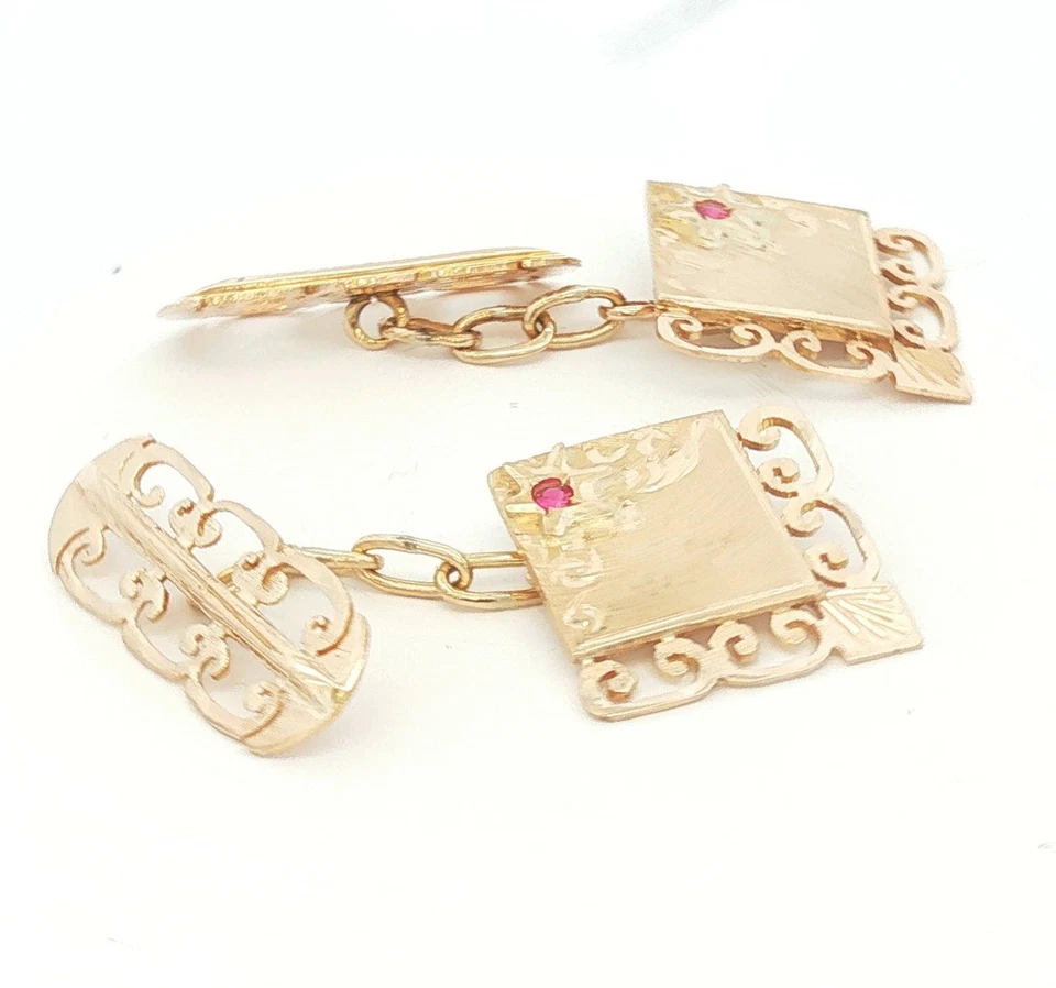 14k yellow gold Lacey Red Glass Stones Cufflinks - Image 2 of 3