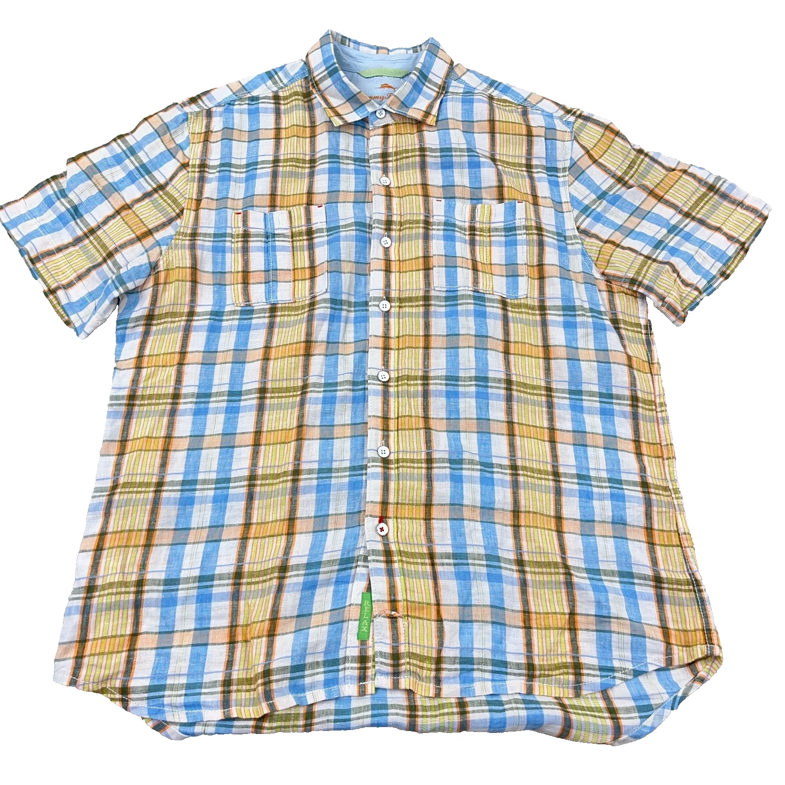 Tommy Bahama Shirt Men Medium Blue Orange Plaid Linen Button Up Camp Adult