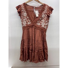 Mi Ami Francesca's Rust Brown Floral Embroidered Boho Tiered Mini Dress M NWT