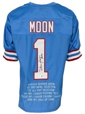 Houston Oilers Warren Moon Autographed Pro Style Blue Stat Jersey JSA Authent...