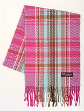 NEW 100 Cashmere Scarf Hot Pink Blue Plaid Made in Scotland Twist Fringe Edge