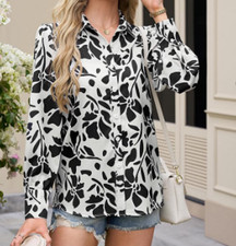 Floral Blouses for Women Dressy Casual Chiffon Button Down Shirts Black White L