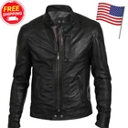 Cafe Racer Biker Leather Jacket Black Soft Sheep Skin Leather