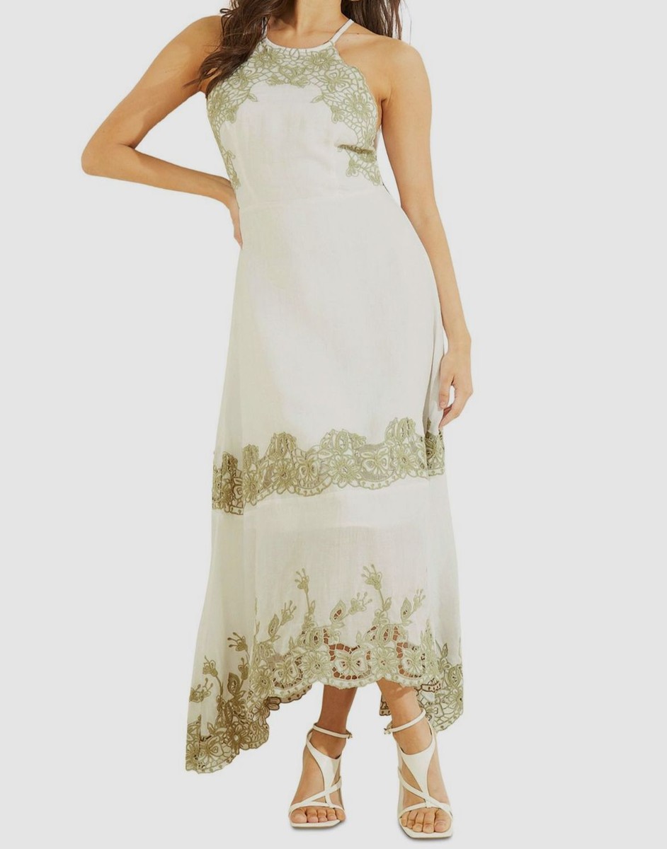guess white halter dress $220 Guess Women's White Embroidered Back Zipper Tie Halter Maxi Dress Size L