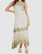 $220 Guess Women's White Embroidered Back Zipper Tie Halter Maxi Dress Size L