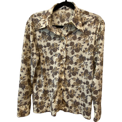 Berta Vintage Blouse Beige Floral Womens Button Front Long Sleeve Collared 70s