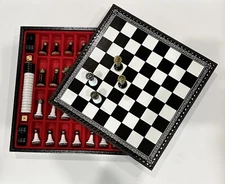 Vintage Italfama Chess and Backgammon Set Leather Case Board Brass Nickel Italy