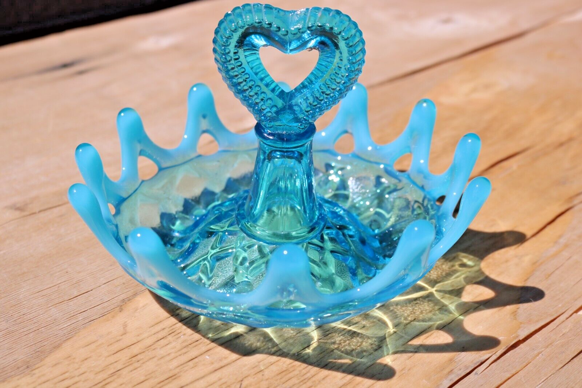 Antique Northwood Blue Opalescent Art Glass Rings Holder Bowl