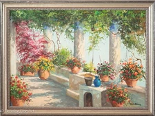 Beautiful Impressionist Oil Painting of Colorful Mediterranean Flower Garden
