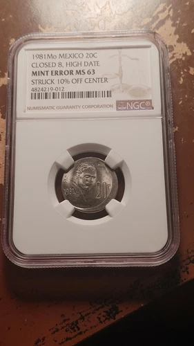 1981 Mo Mexico 20 Centavos Mint Error NGC MS63 Struck Off Center Closed 8   2111