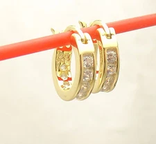Small Tiny Diamonique CZ  Hoop Earrings 14K Yellow Gold Plated Real 925 Silver