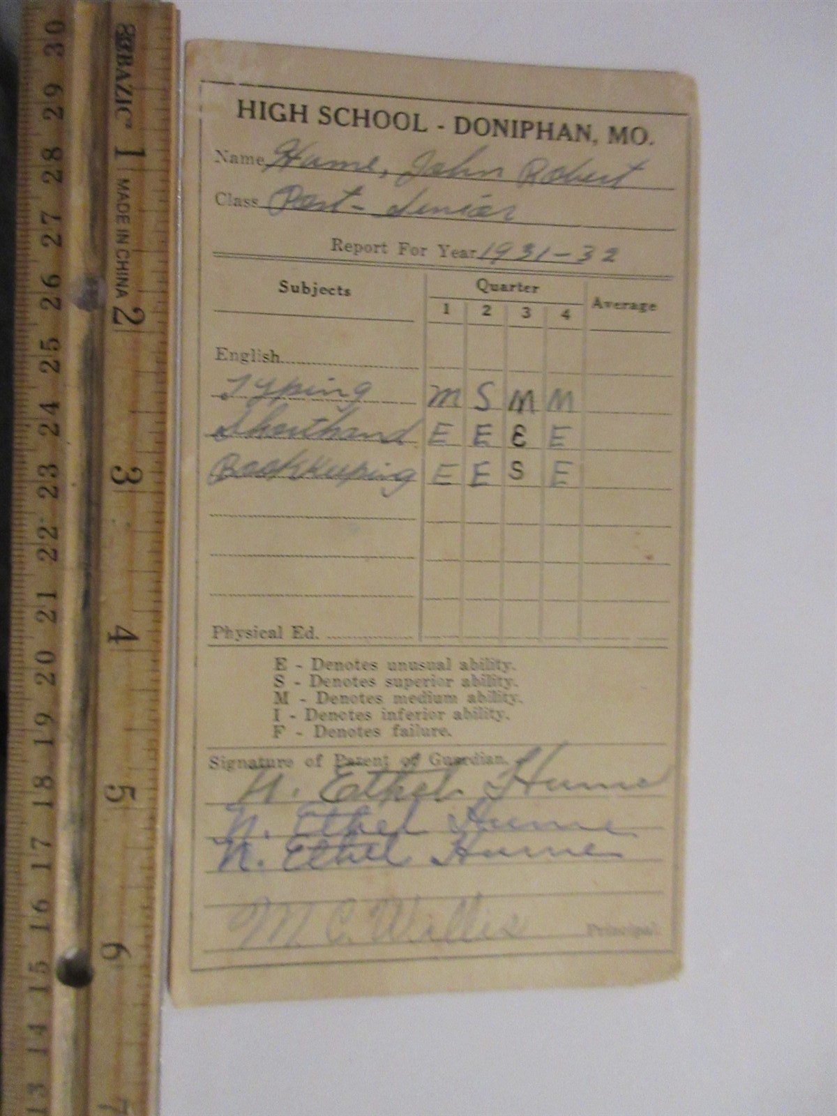 1931-1932 Doniphan MO high school report card 