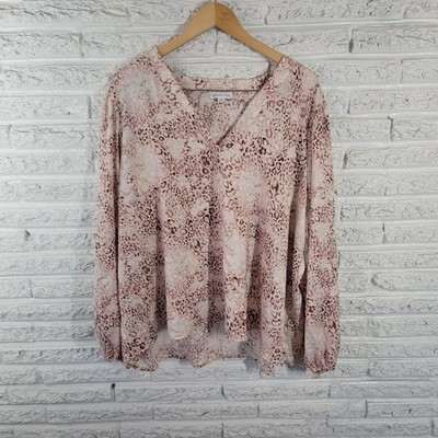 Ophelia Roe 3X Blouse Top Pink Brown Animal Print V-Neck Pullover