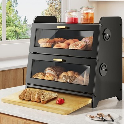 Bread Box - Kitchen Countertop Bread Storage Container with Bamboo Cutting Bo...