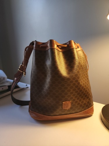 CELINE macadam Authentic Drawstring Shoulder Bag Logo Brown Women's 