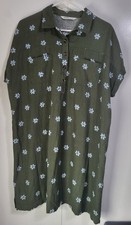 Vestido Camisa SONOMA Mezcla Lino Verde Oliva con Flores Azules Talla XL *Sin Cinturón